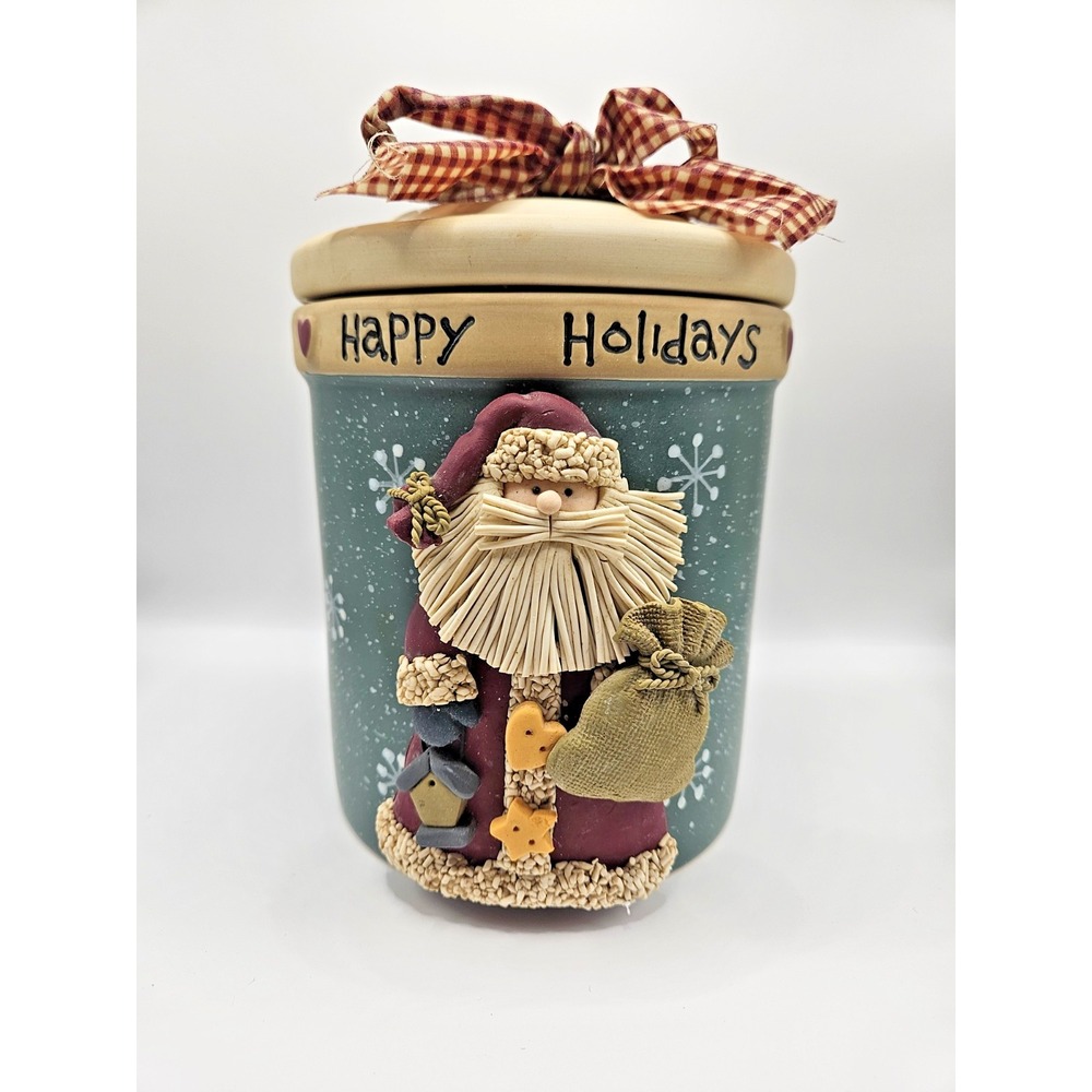 MSC International Primitive Santa Stoneware Cookie Jar Crock Happy Holidays